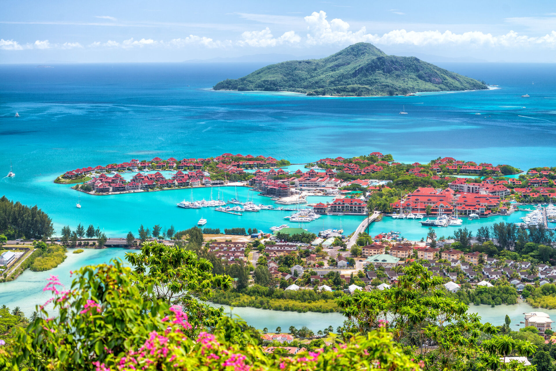 Aerial view of Mahe' Island, Seychelles. Vegetation and homes.